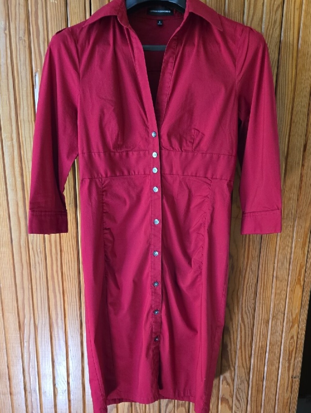 Express Red Button-Front Ruched Shirt Dress - Picture 9 of 9
